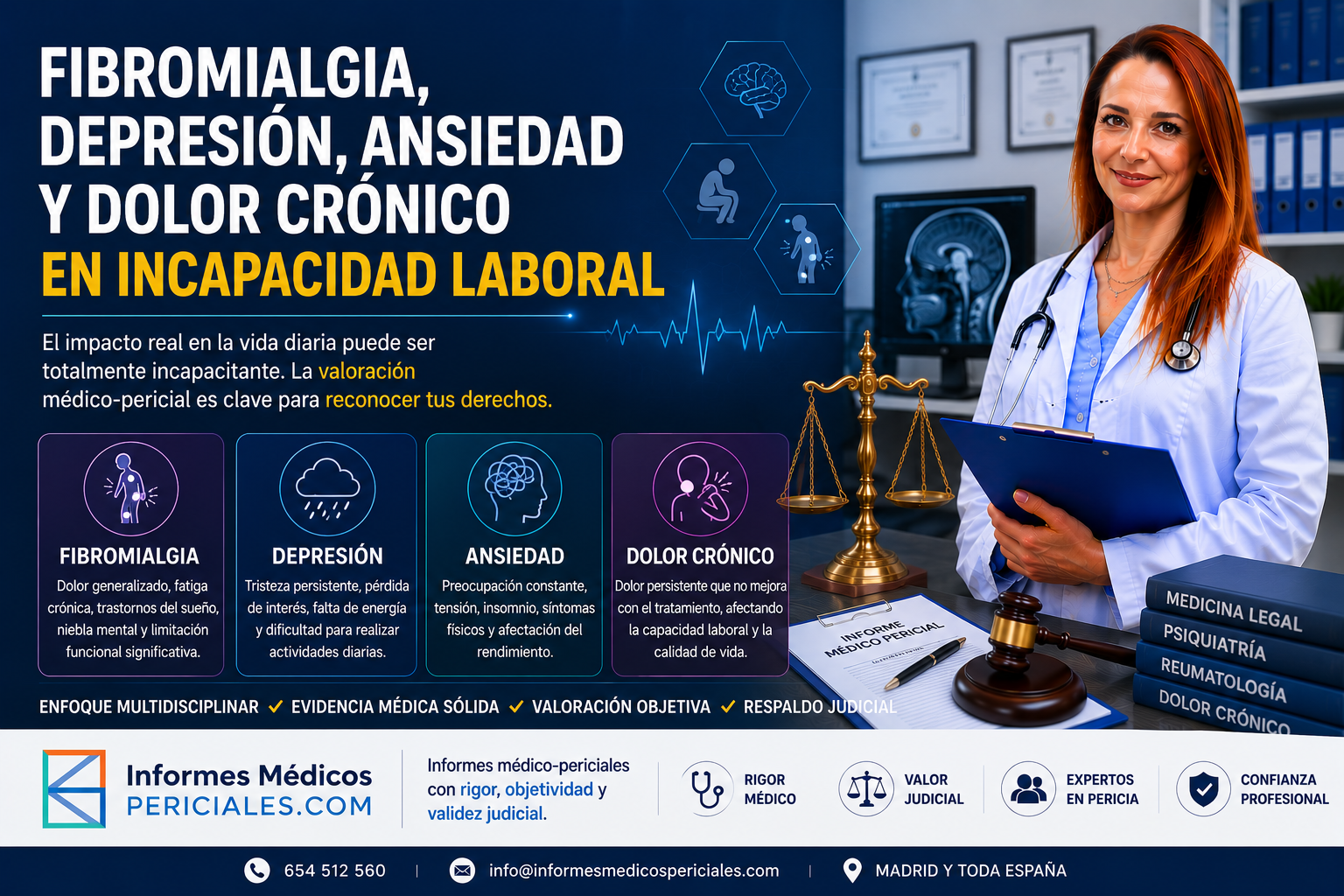 Fibromialgia incapacidad laboral con dolor crónico, depresión, ansiedad e informe médico pericial
