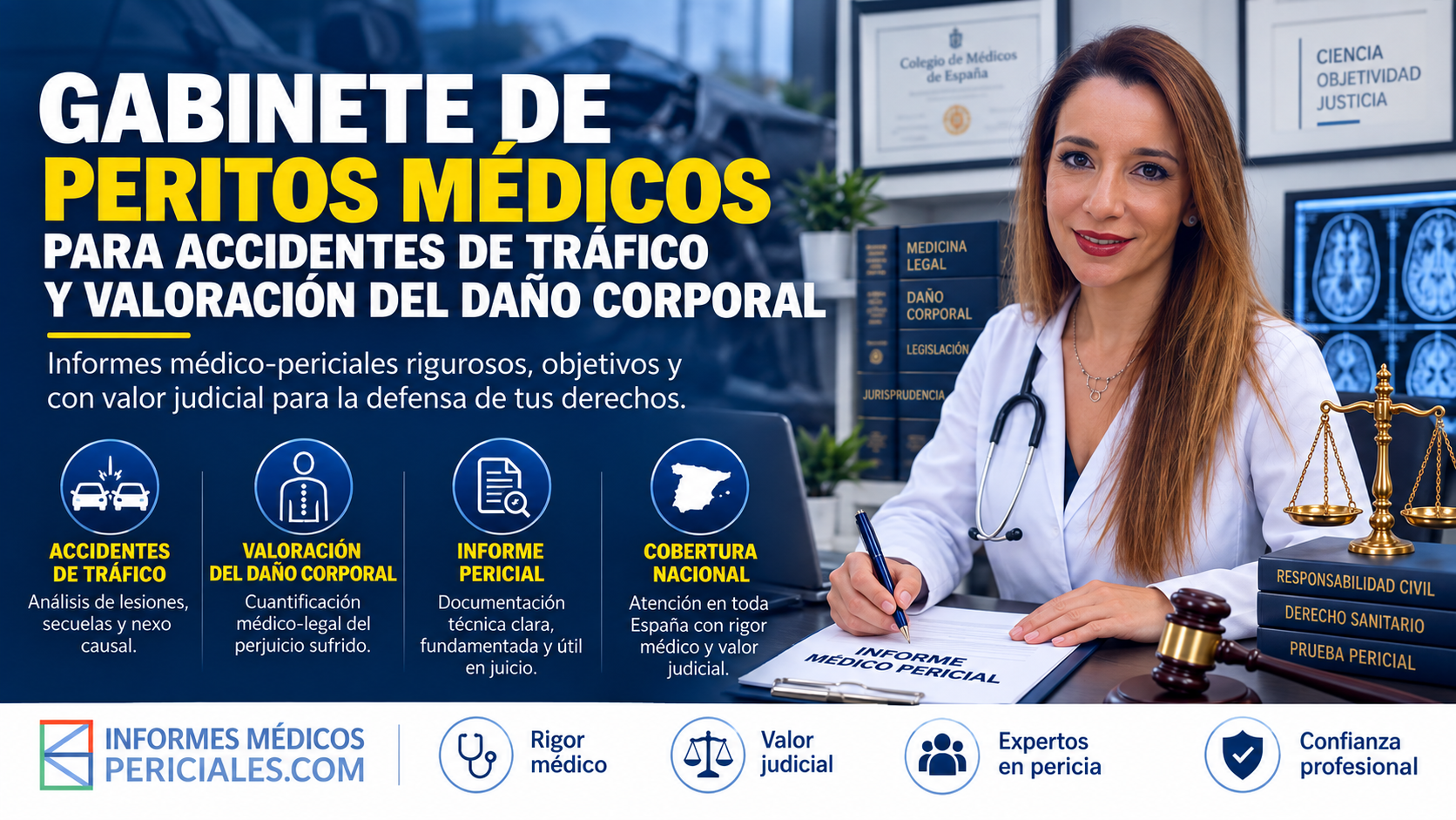 Gabinete de peritos médicos para accidentes de tráfico y valoración del daño corporal con enfoque médico-legal y cobertura nacional.
