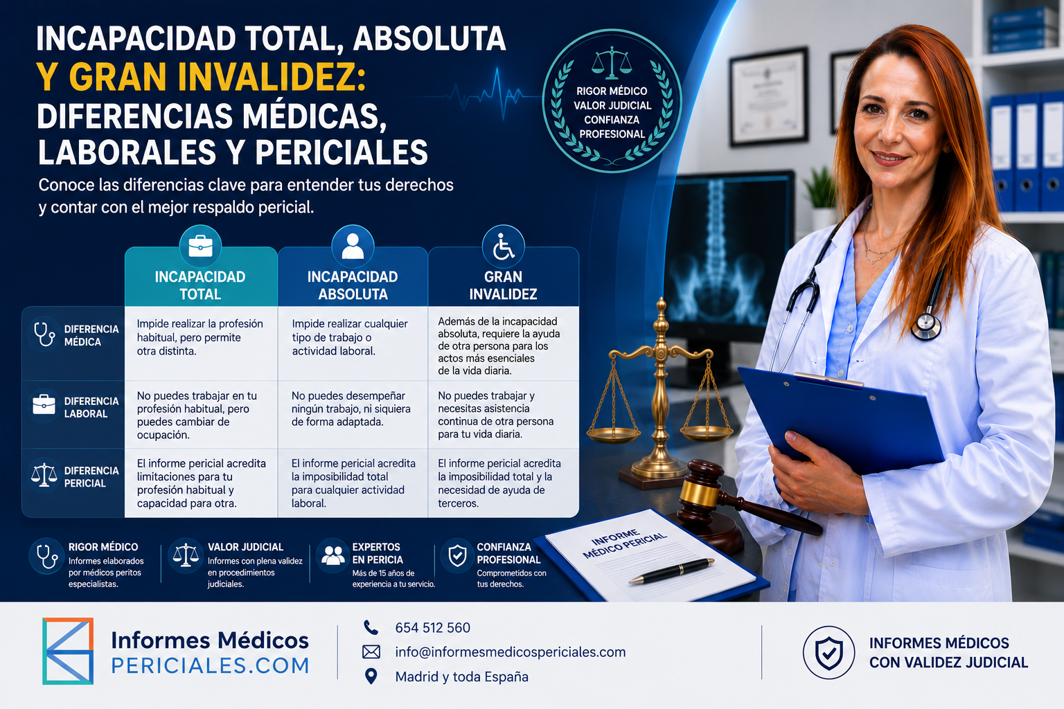 Incapacidad total, absoluta y gran invalidez: diferencias médicas y laborales en una valoración pericial